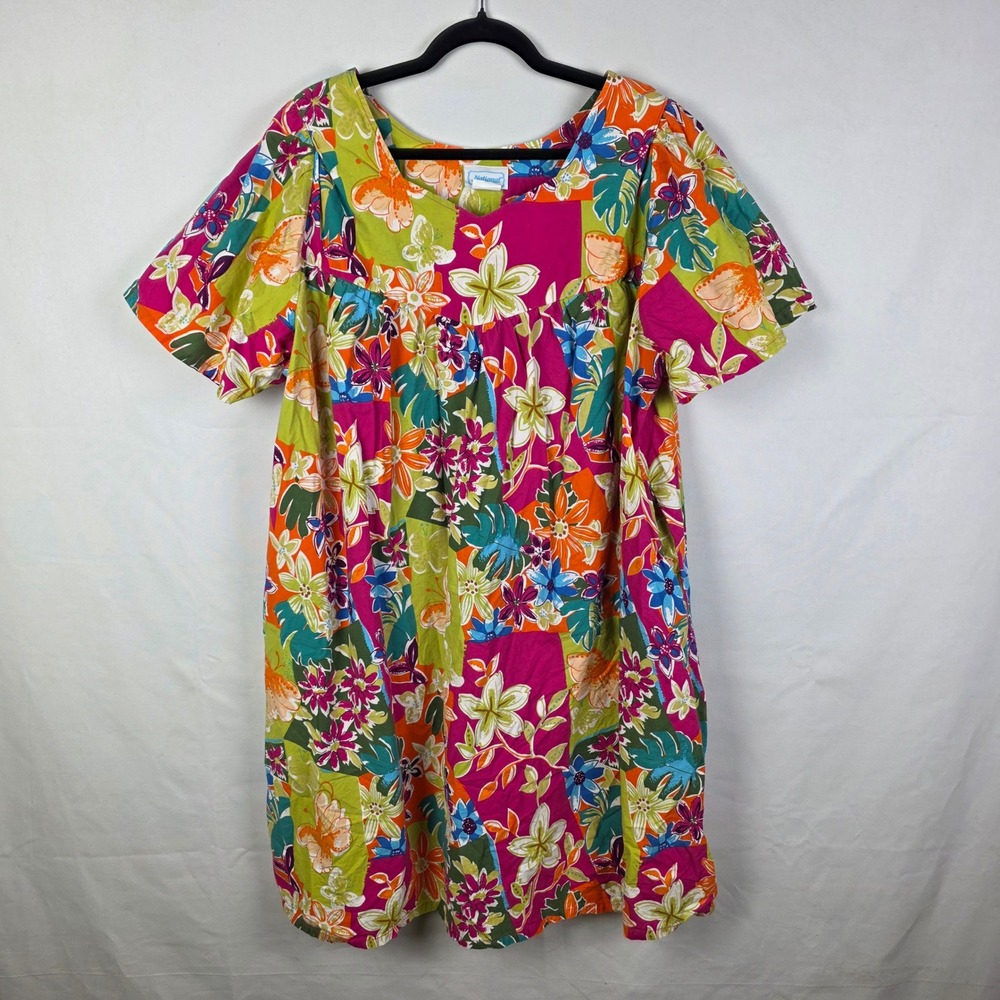 National Floral Muumuu House Dress 3X Pink Orange Tropical Cotton 8132 Pockets